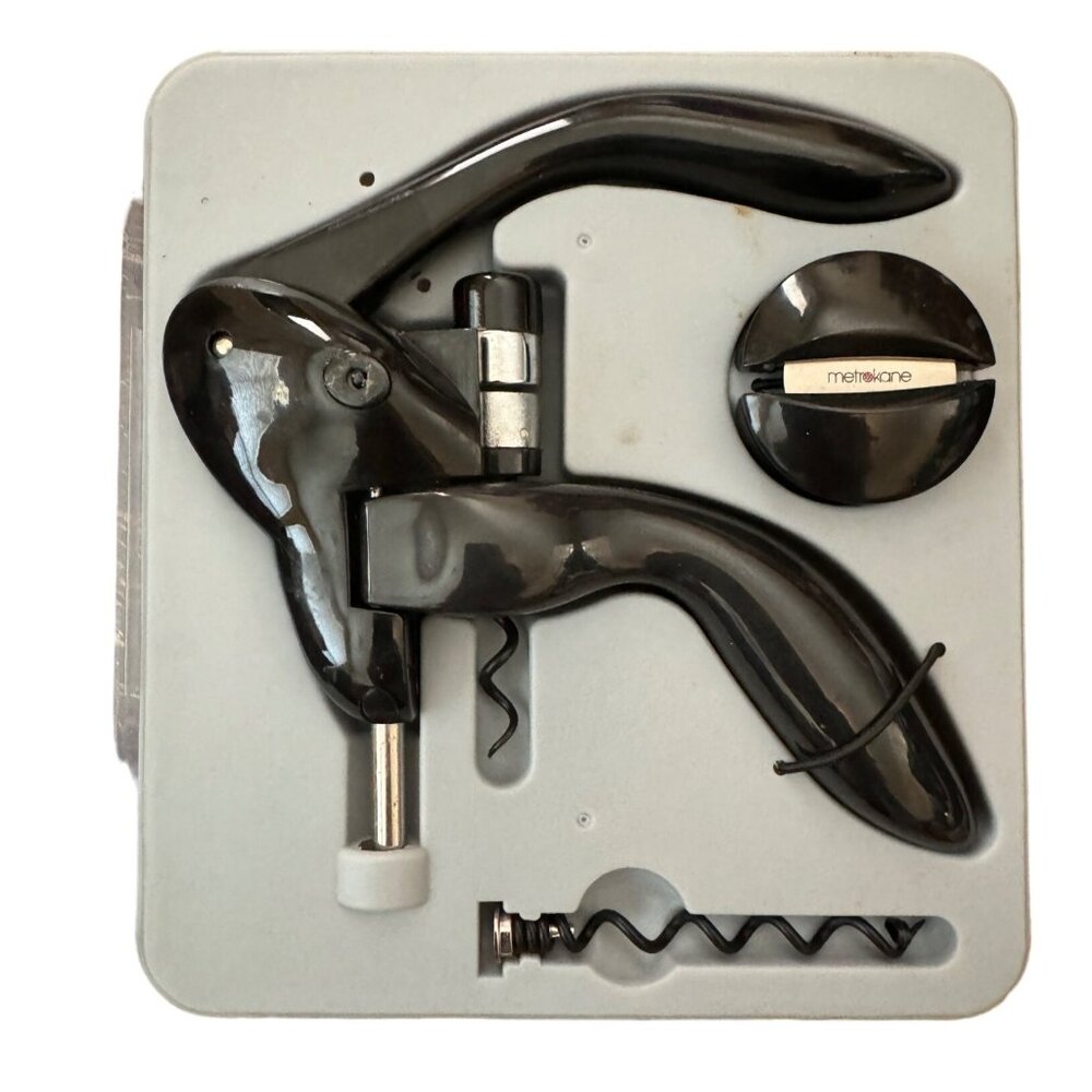 Houdini Lever Corkscrew Wine Opener Set With Foil Cutter & Spare Spiral In Black